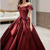 BXOXO Customized Fashion High End Slash Neck Big Swing Wedding Party Dresses Exquisite Satin A-line Tailing Gown Front Bow Back Straps
